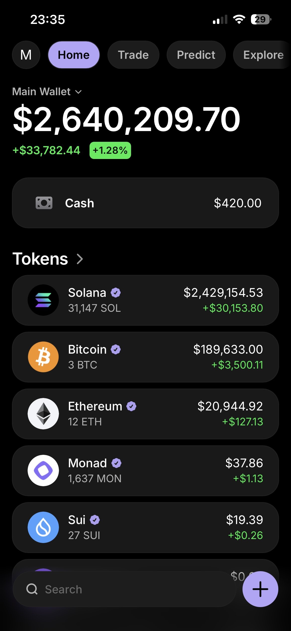 Larpex wallet showing a large balance